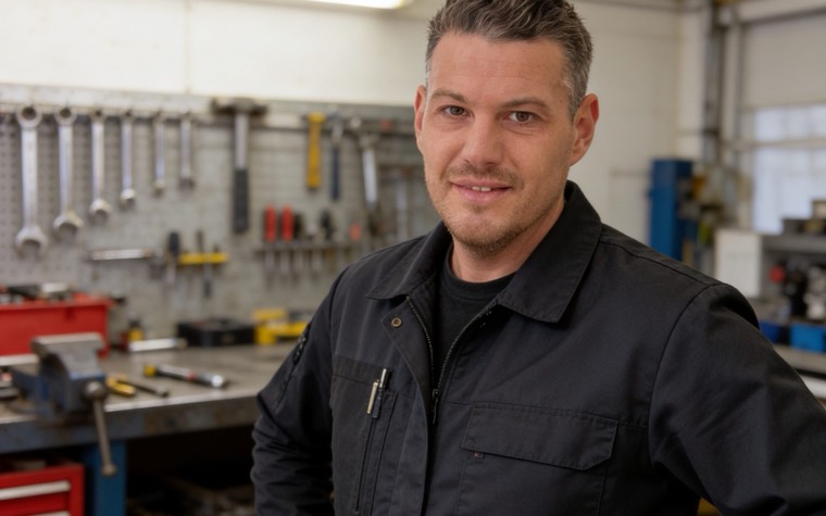 Patrick Götz in seiner Werkstatt vor der Werkzeugwand